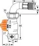 Thermostat-Ventilunterteil mit Bogenverschraubung, ausgestattet mit einem orangefarbenen Einstellrad. Hersteller IMI Hydronic Engineering. Technische Maße sind im Bild dargestellt.